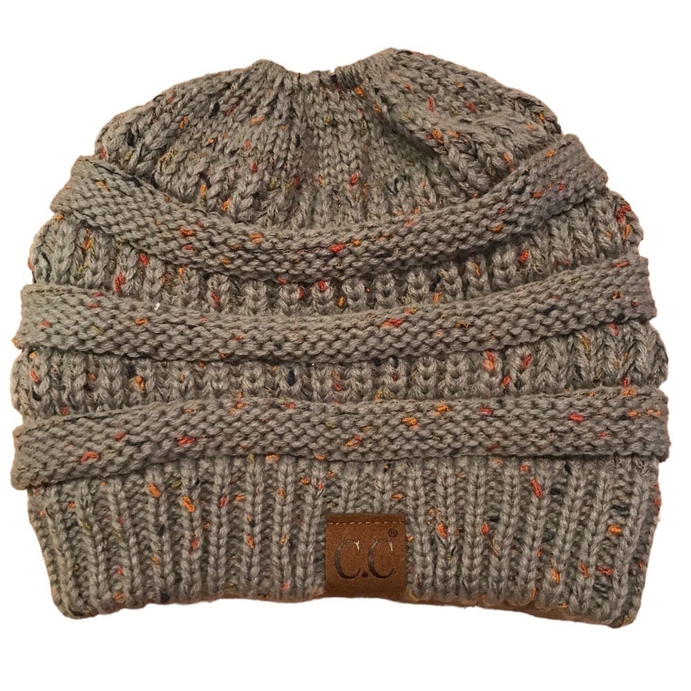 C.C. Ponytail Beanie Hat Knit Winter High Ponytail Messy Bun Gray